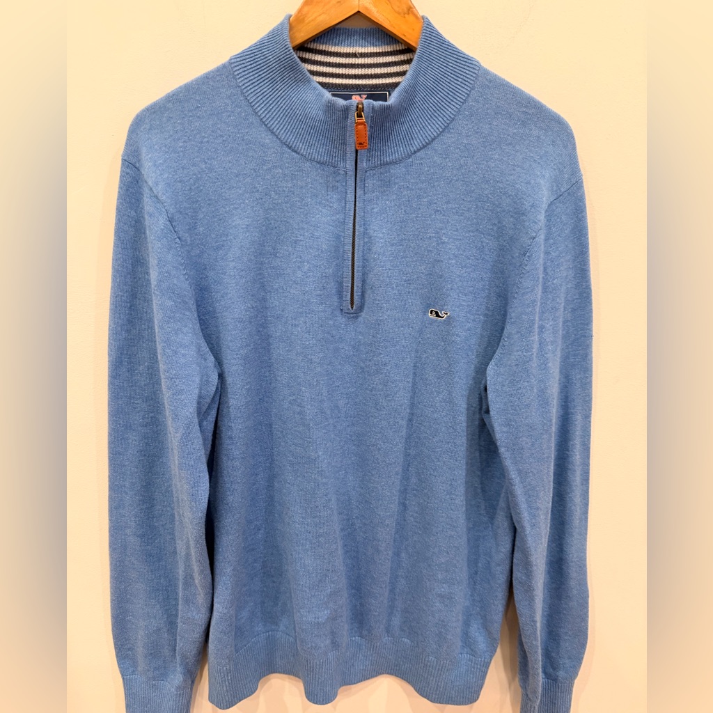 Vineyard Vines 1/4 Zip Sweater Mens Medium Blue Cotton Pullover Whale Log